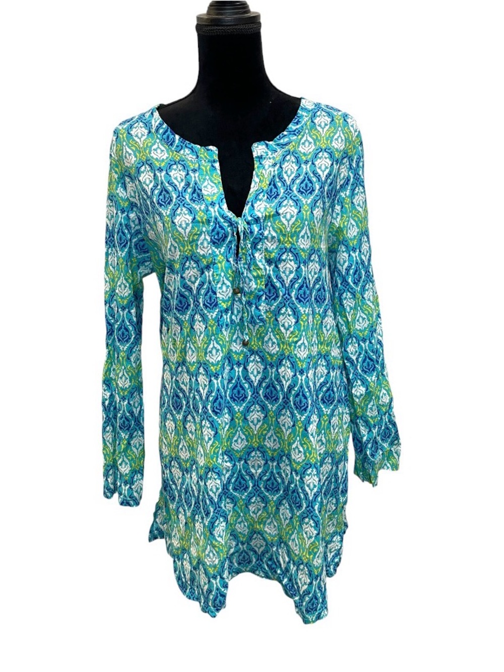 Women’s Blue & Green Printed Long Sleeve Long Tunic Top Bathing Suit Coverup